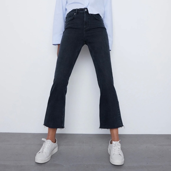 Zara Denim - ZARA Black Cropped Flare Jeans Raw Hem Wide Leg 10